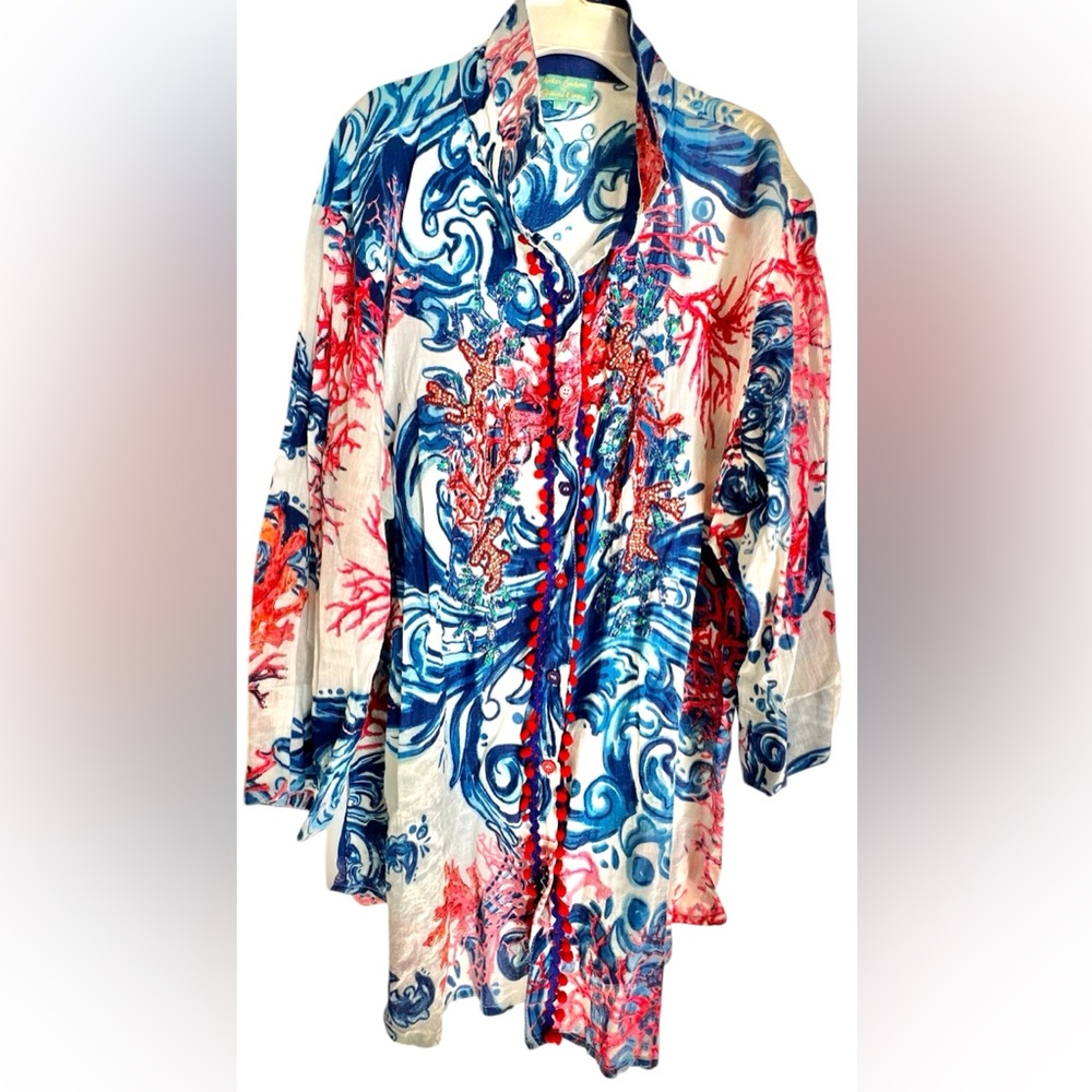 Italian Embellishment Antica Sartoria Vibrant Button Up Tunic Coral Shirt (3)